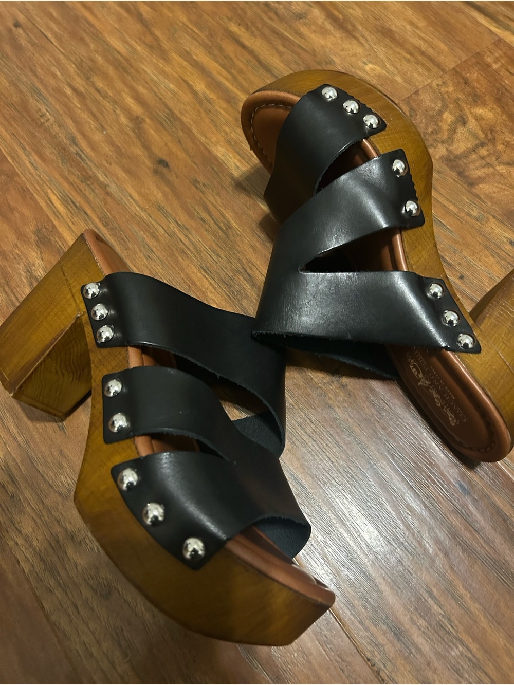 Black Leather Silver Studded Wood Platform Mules Slide-On Hippie Y2K Boho 90s - Picture 11 of 16